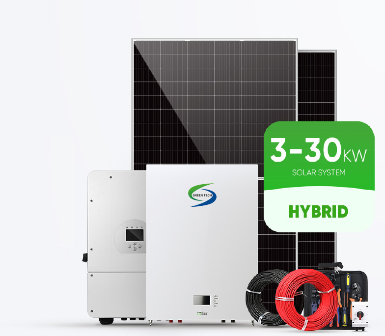 Residential hybrid solar package including PV panels, inverter, battery, and accessories for 3–30kW systems