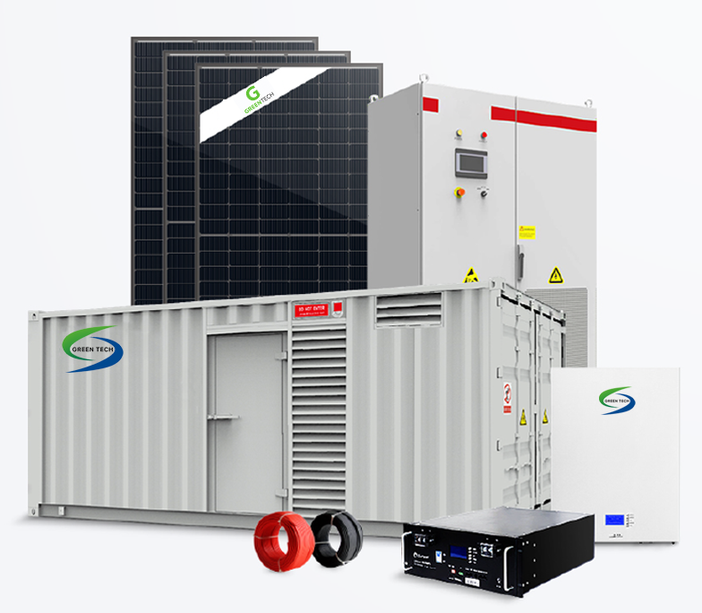 Commercial solar package with PV panels, inverter, battery storage, and containerized power unit for large-scale operations