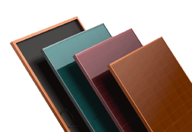 Colored TOPCon solar panels in red, green, and orange with high-efficiency N-type cell technology