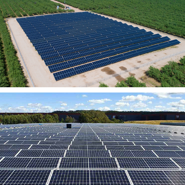 Utility-scale solar PV farm with rows of panels generating renewable energy for commercial applications
