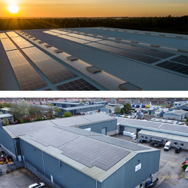Commercial rooftop solar PV system generating renewable energy at sunset