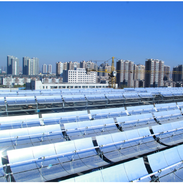 Parabolic trough solar collector system at Siemens Shenyang facility, 3255 m² aperture area for solar heating and industrial process heat
